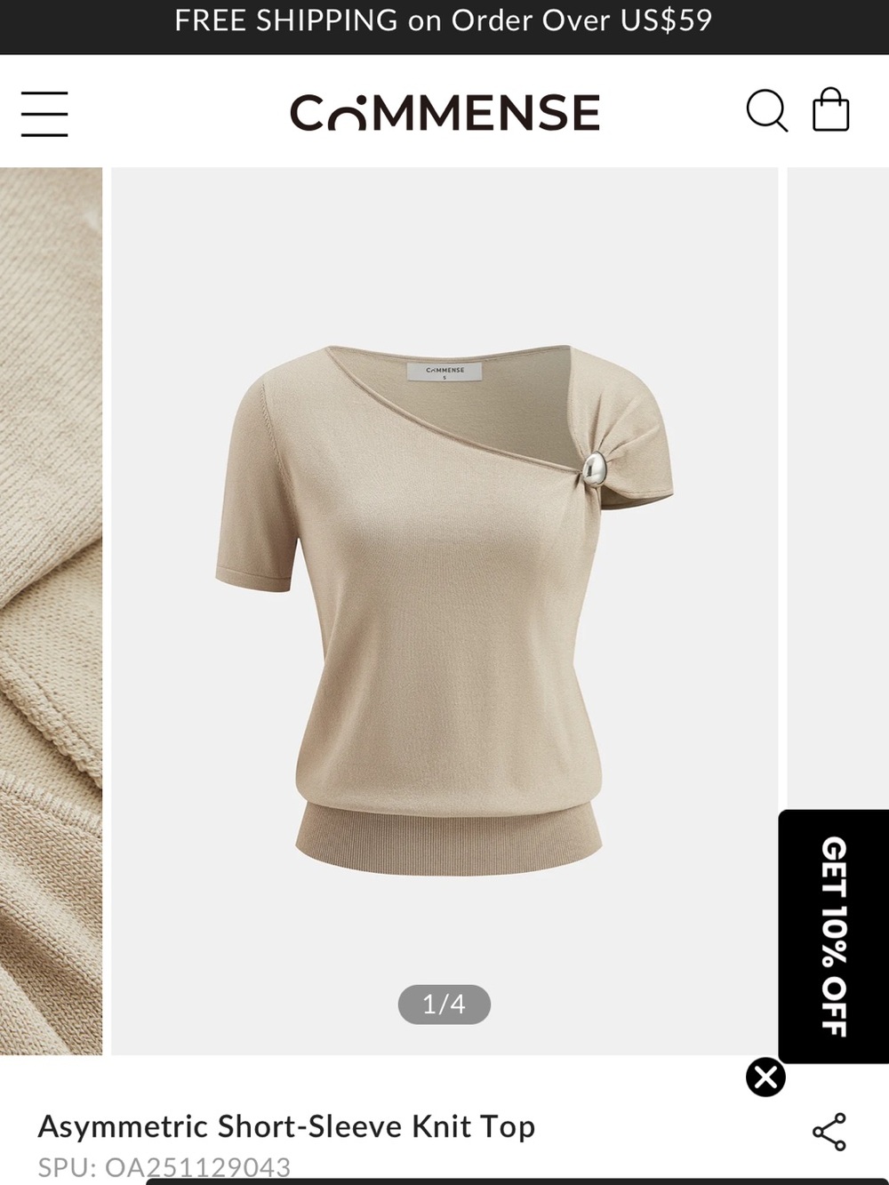 Commense Beige Asymmetric Short-Sleeve Knit Top with Knot Detail